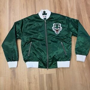Icon Green Satin Bomber Jacket with Tiger Patch Men’s Medium Full Zip